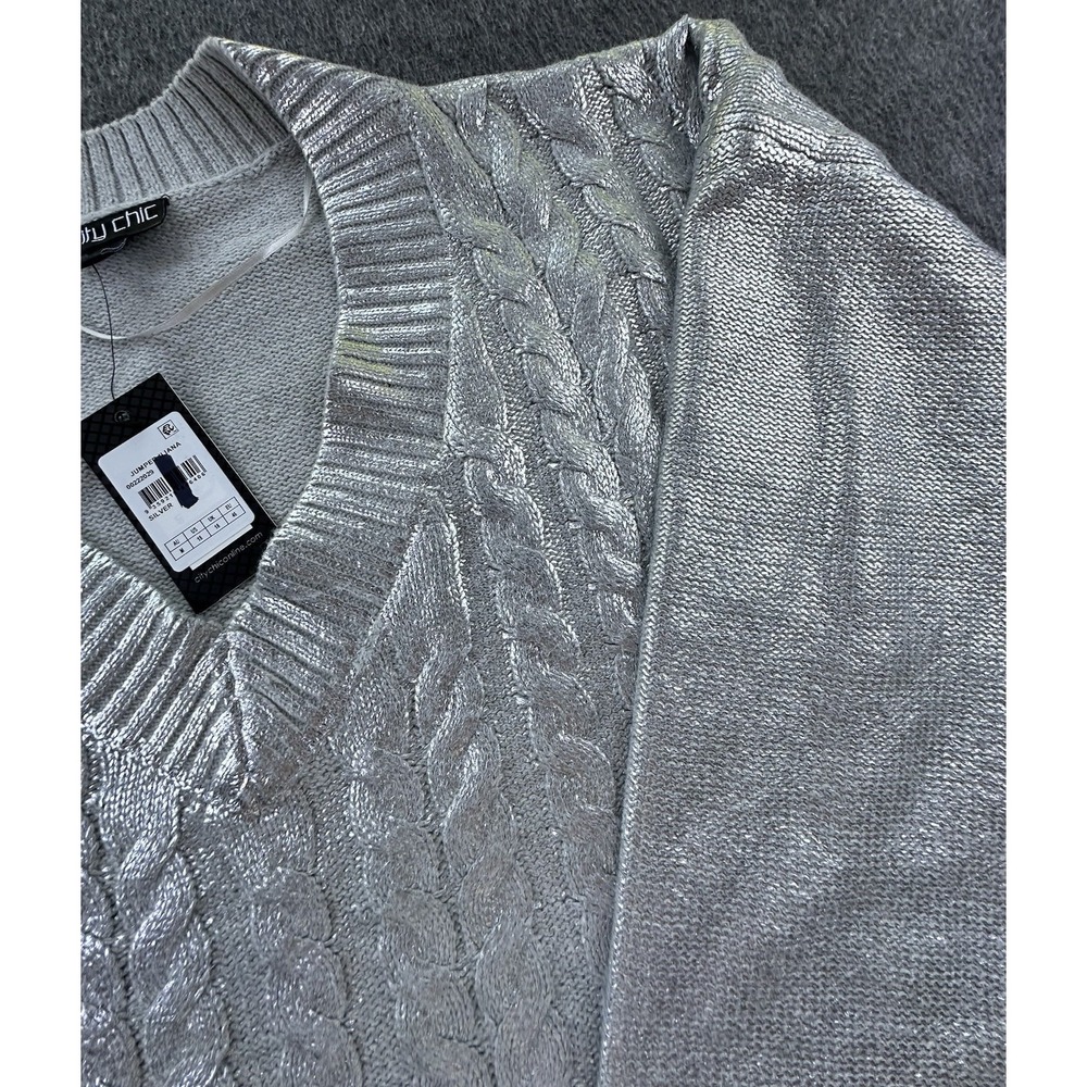 City‎ Chic Sweater Womens Medium US 18 Silver Jumper Iliana V-Neck Oversized New